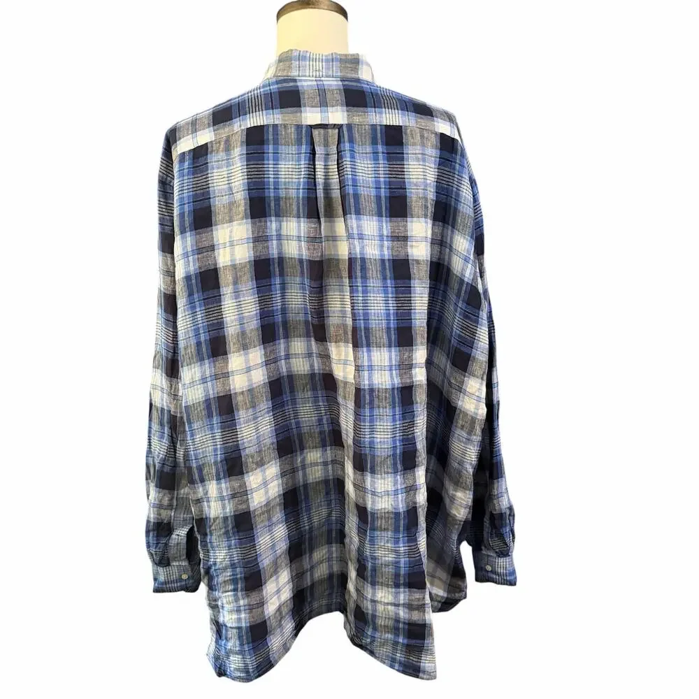 Ralph Lauren Men's Blue Plaid 100% Linen Button Down Sz 4XLT Preppy Classic - Picture 3 of 6